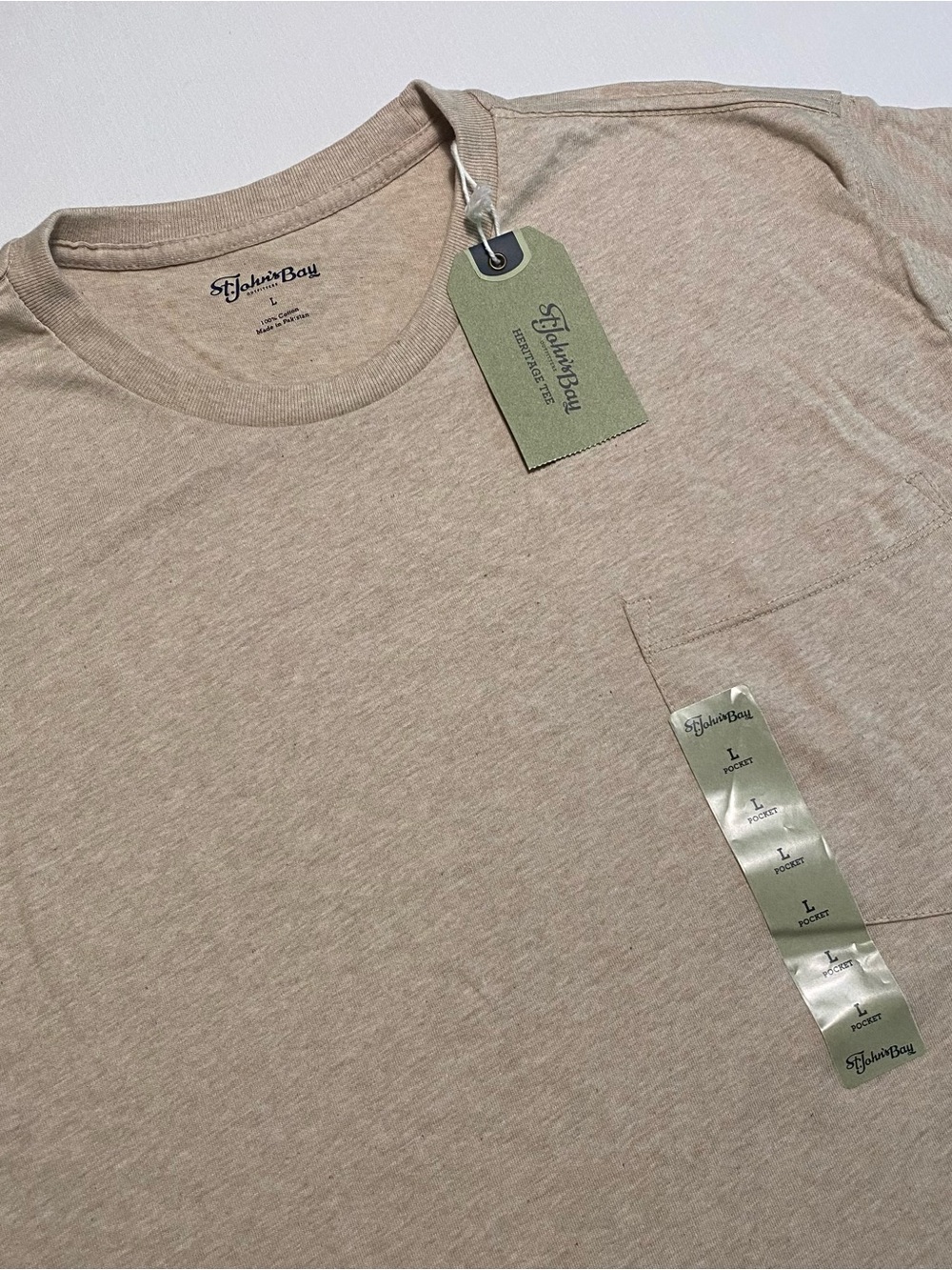 St Johns Bay Pocket Heritage Tee Shirt Men L Oatmeal Heather